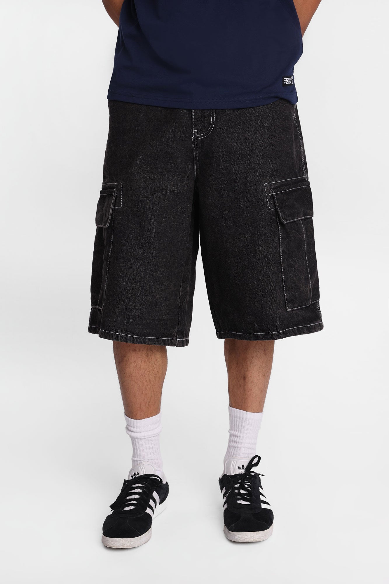 Baggy Cargo Denim Shorts - Black /