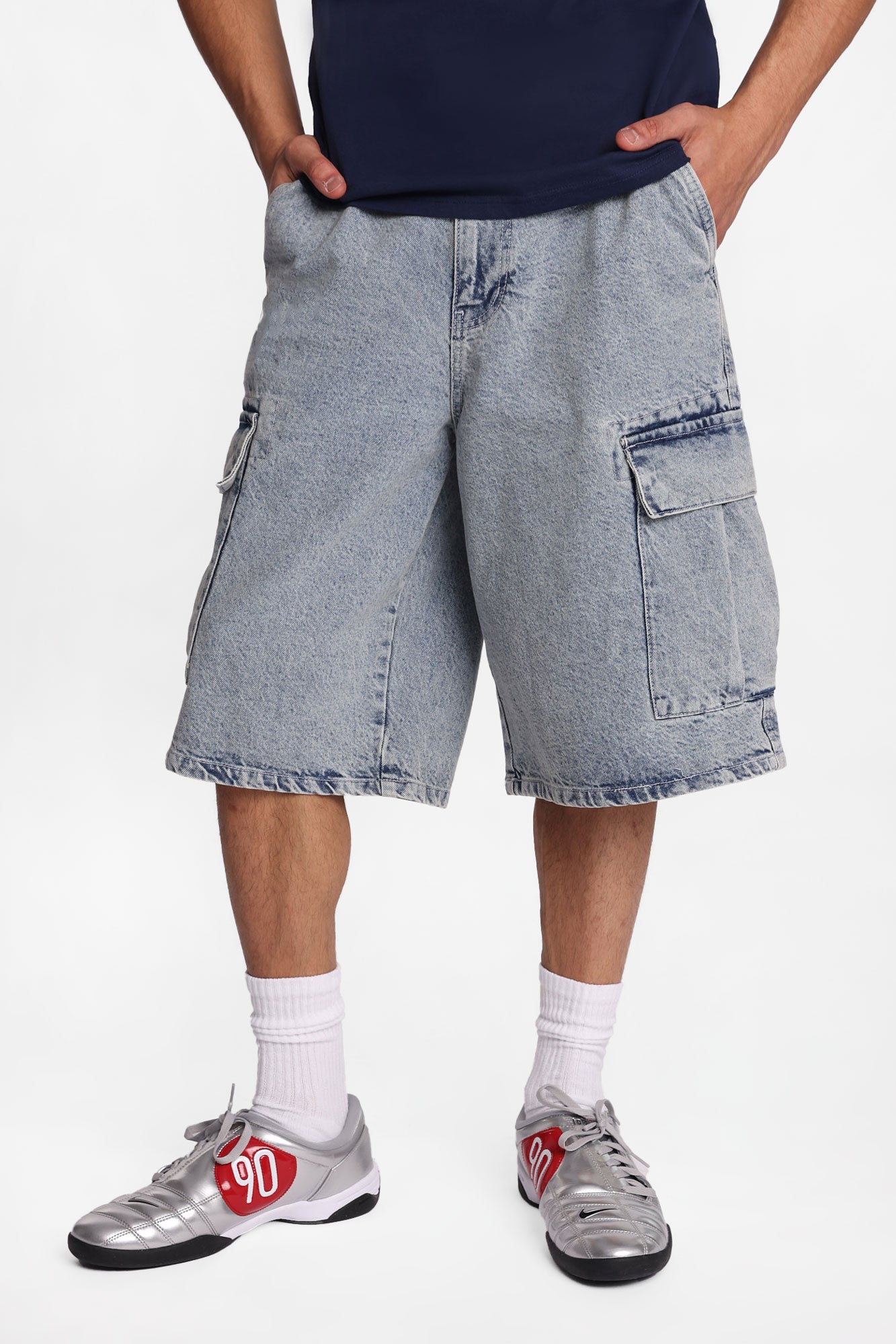 Baggy Cargo Denim Shorts - Light Blue /