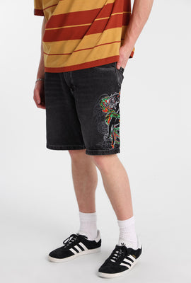 Short en denim ample brodé