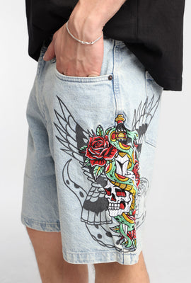 Short en denim ample brodé