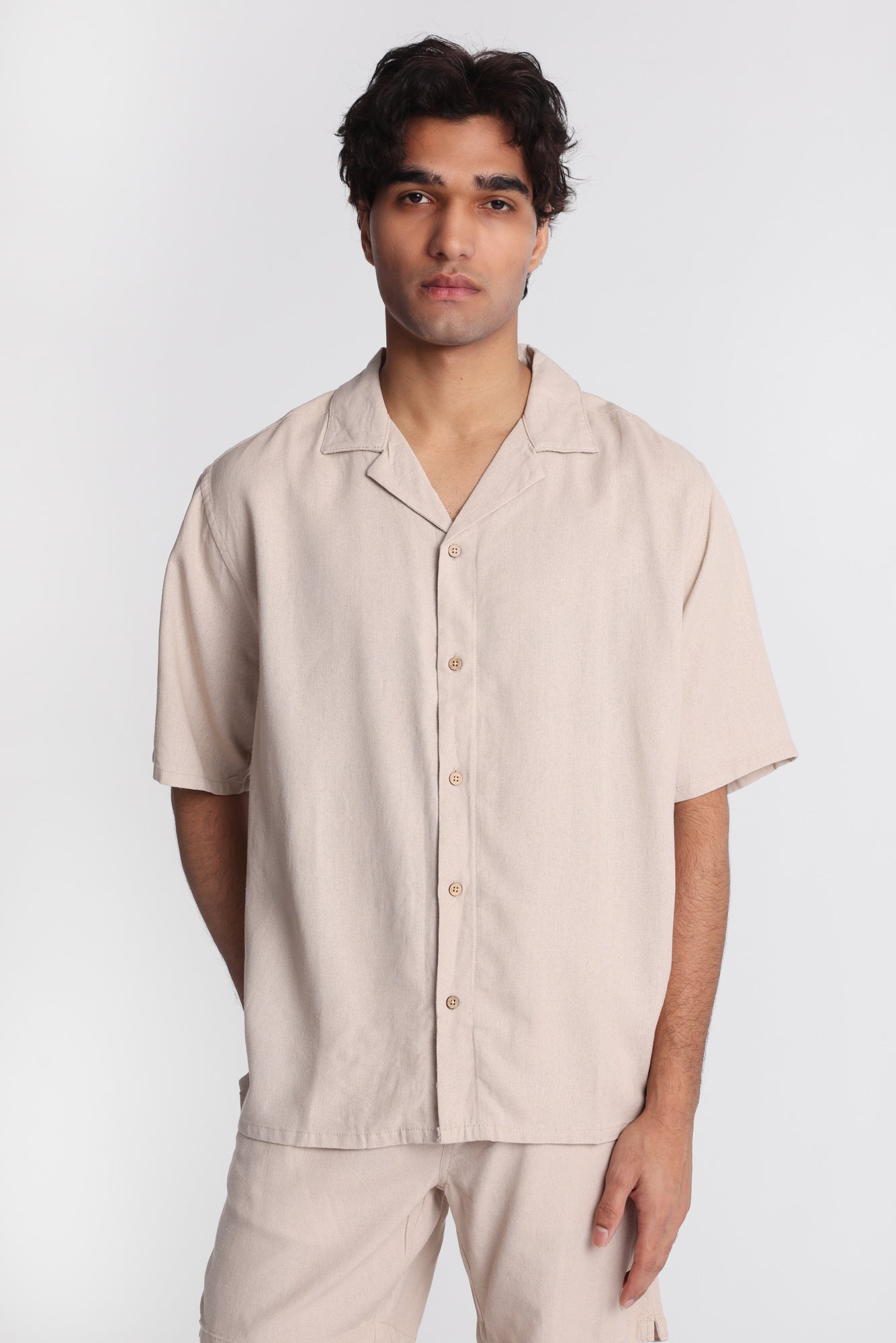 Linen-Blend Button-Up Shirt - /