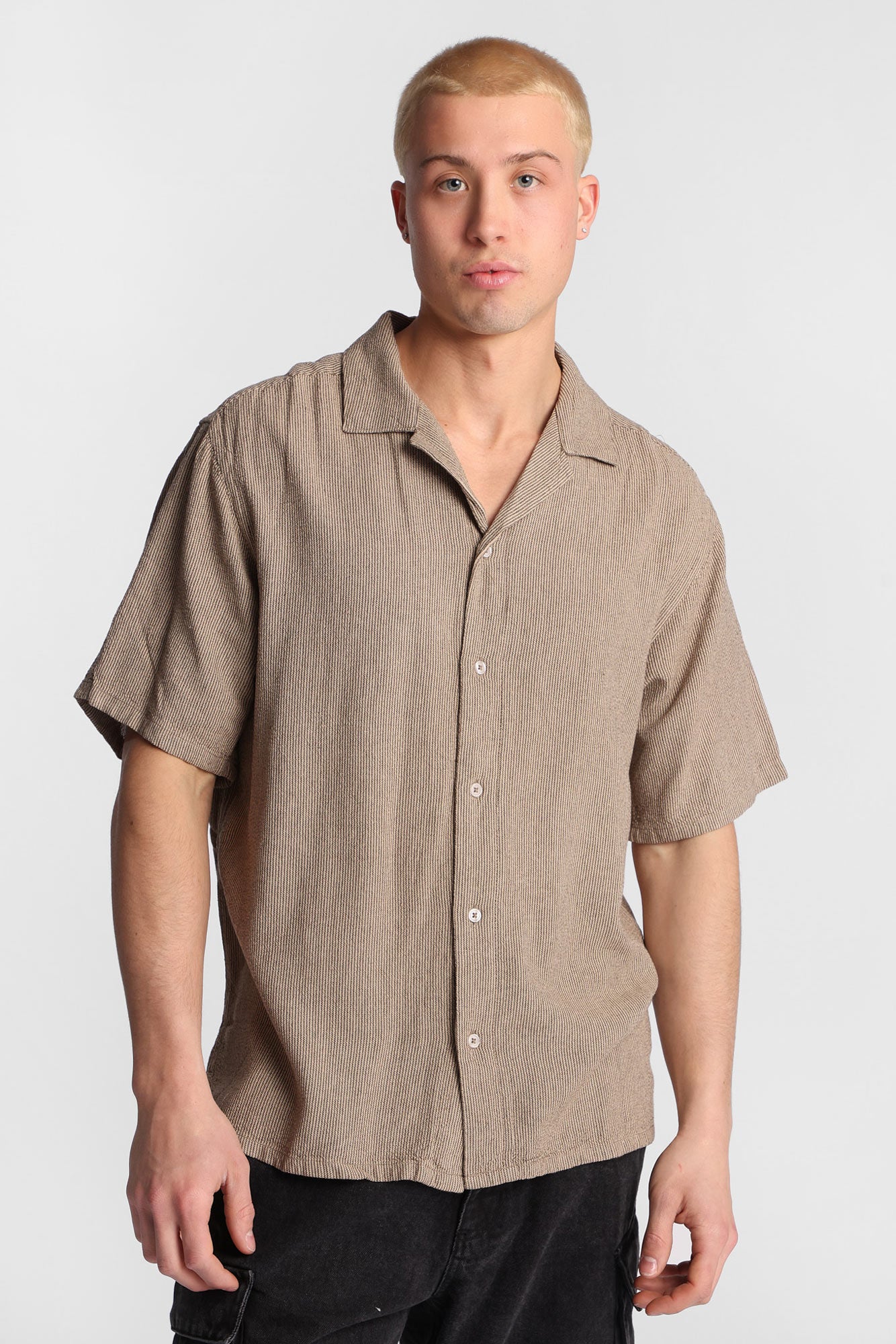Linen-Blend Short Sleeve Striped Shirt - /
