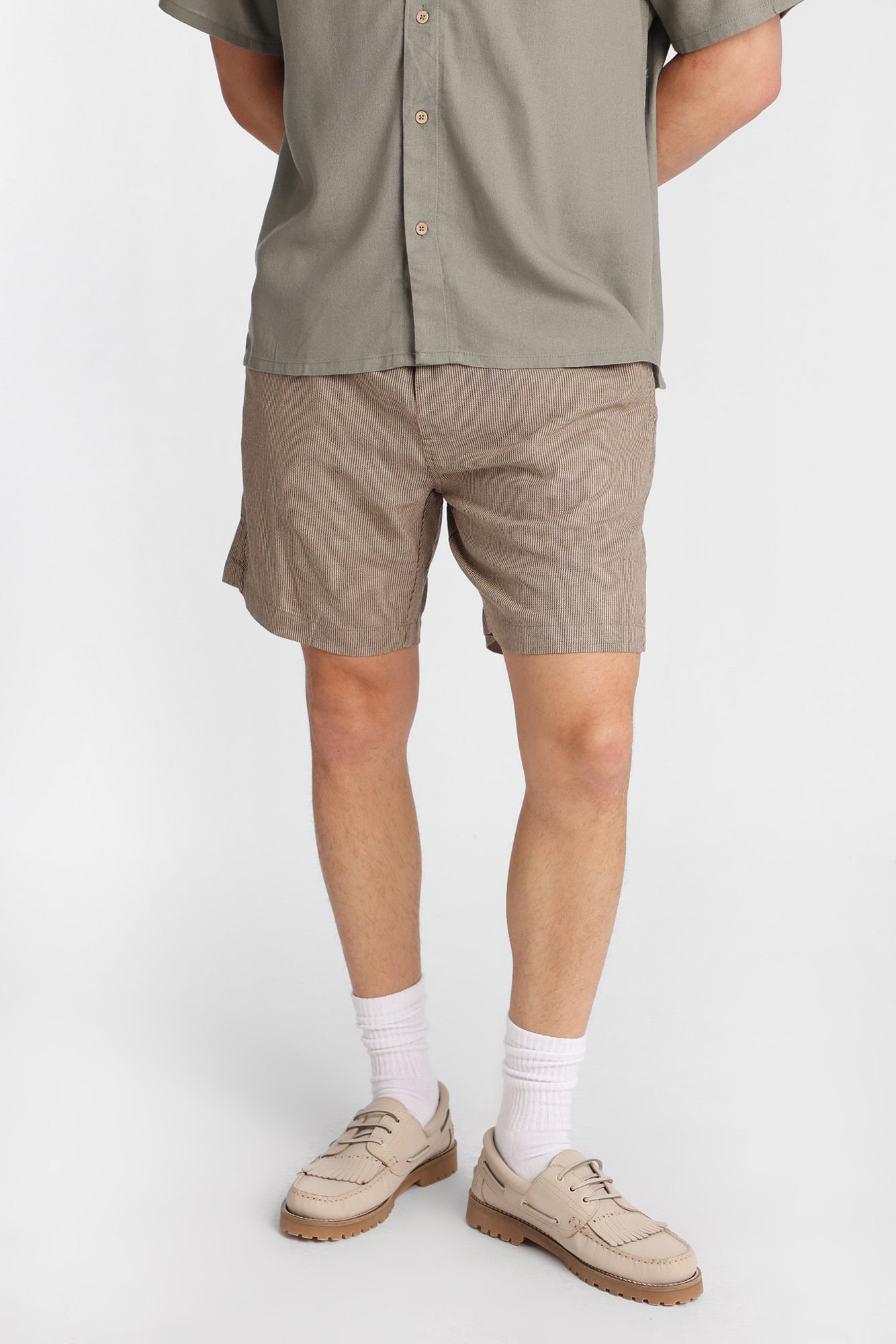 Linen-Blend Yarn-Dyed Striped Shorts 7" - /