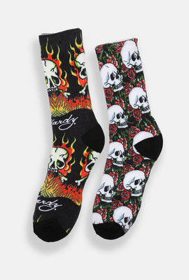 Ed Hardy Mens Skull Crew Socks 2-Pack