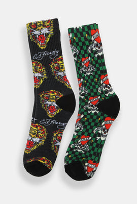 Ed Hardy Mens Tigers & Skulls Crew Socks 2-Pack