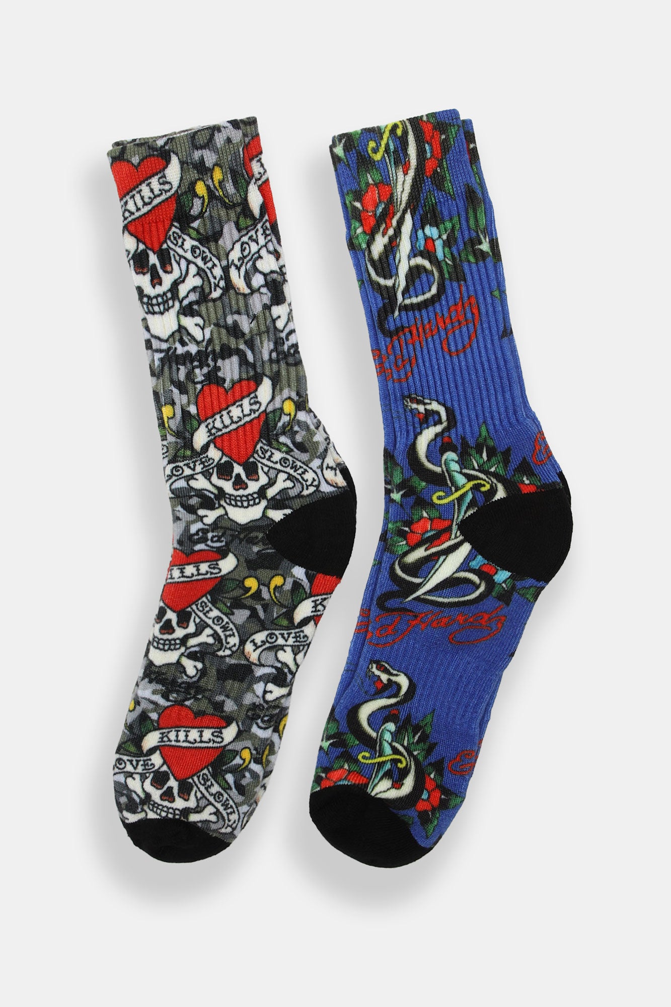 Ed Hardy Mens Snake & Hearts Crew Socks 2-Pack - Blue / O/S