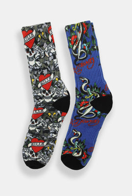 Ed Hardy Mens Snake & Hearts Crew Socks 2-Pack