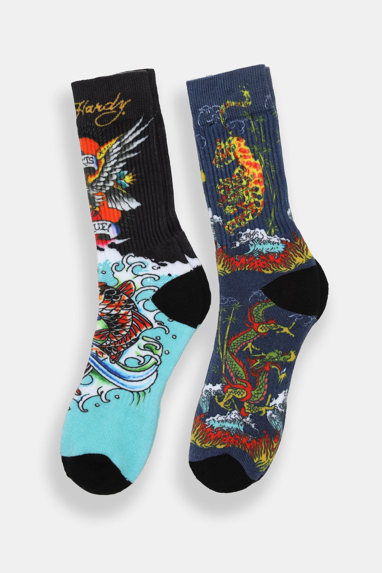 Ed Hardy Mens Fish & Dragons Crew Socks 2-Pack - Multi / O/S