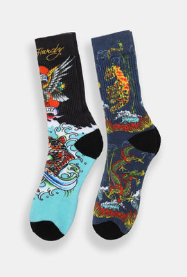 Ed Hardy Mens Fish & Dragons Crew Socks 2-Pack