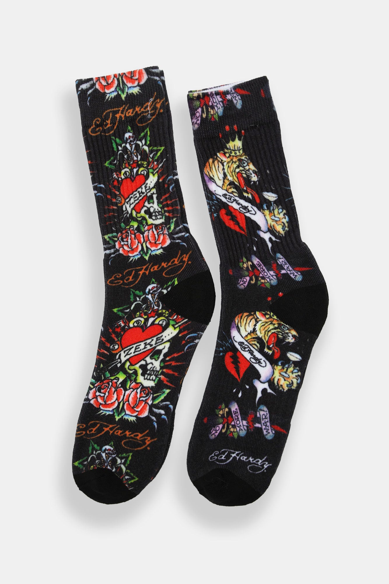 Ed Hardy Mens Tigers & Hearts Crew Socks 2-Pack - Black / O/S