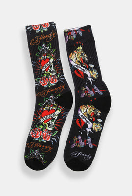 Ed Hardy Mens Tigers & Hearts Crew Socks 2-Pack