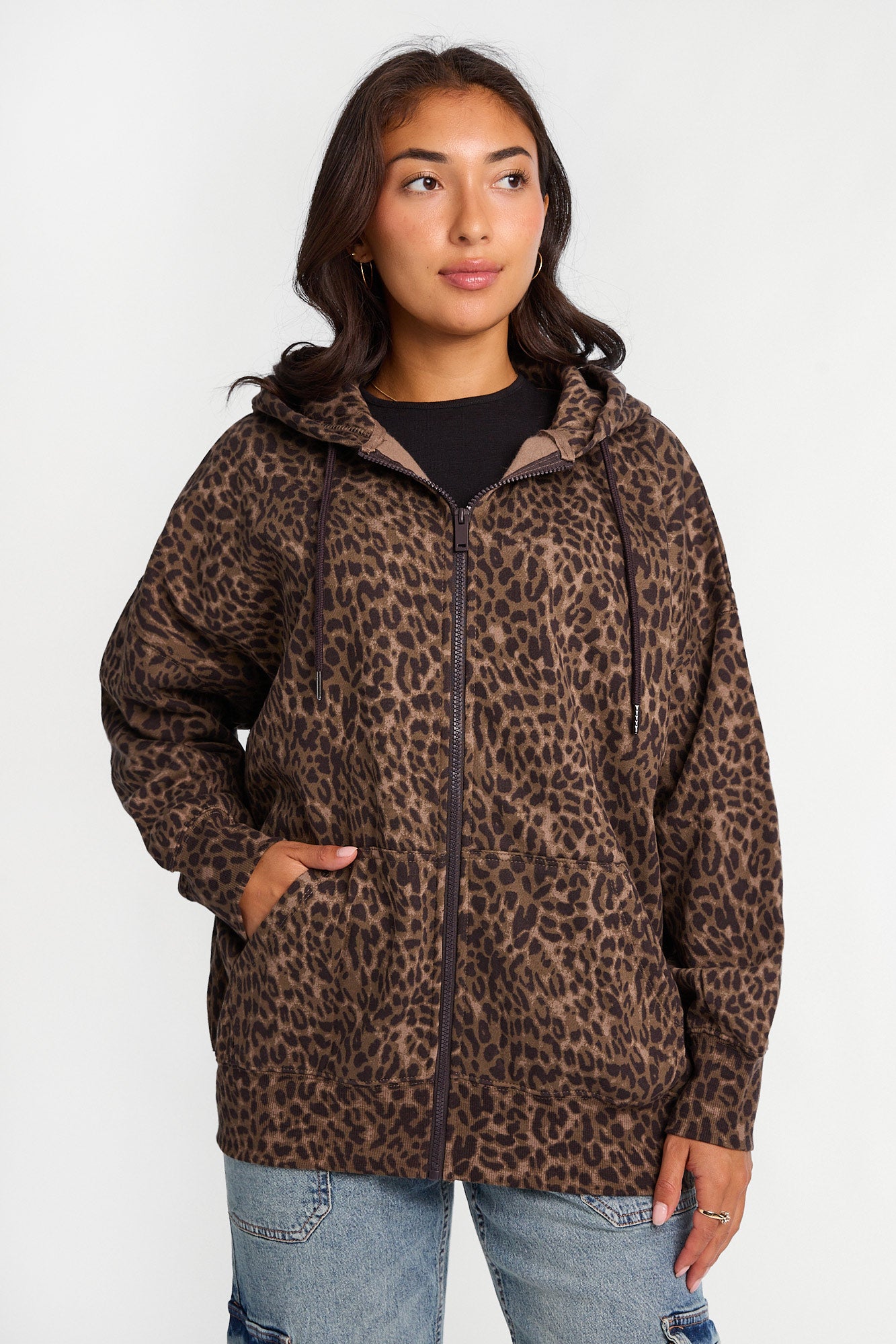 Leopard Print Oversized Zip-Up Hoodie - Multi /