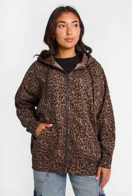 Leopard Print Oversized Zip-Up Hoodie