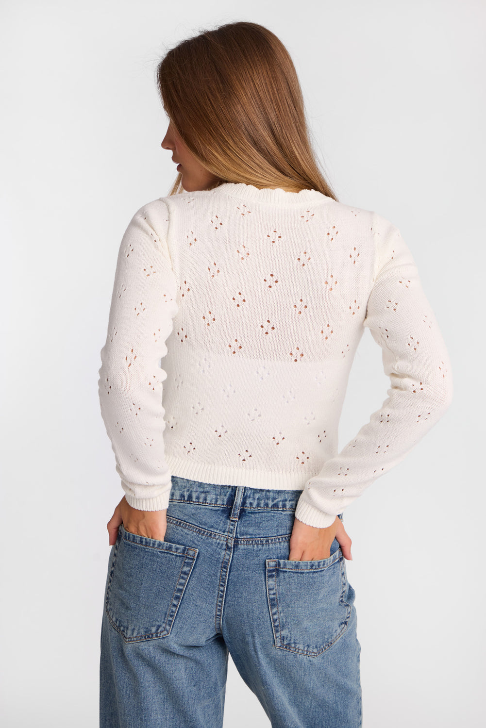 Pointelle Knit Button-Up Crew Neck Cardigan Pointelle Knit Button-Up Crew Neck Cardigan
