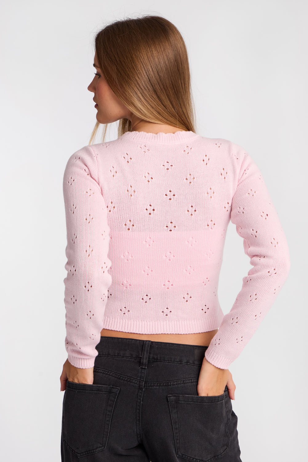 Pointelle Knit Button-Up Crew Neck Cardigan Pointelle Knit Button-Up Crew Neck Cardigan