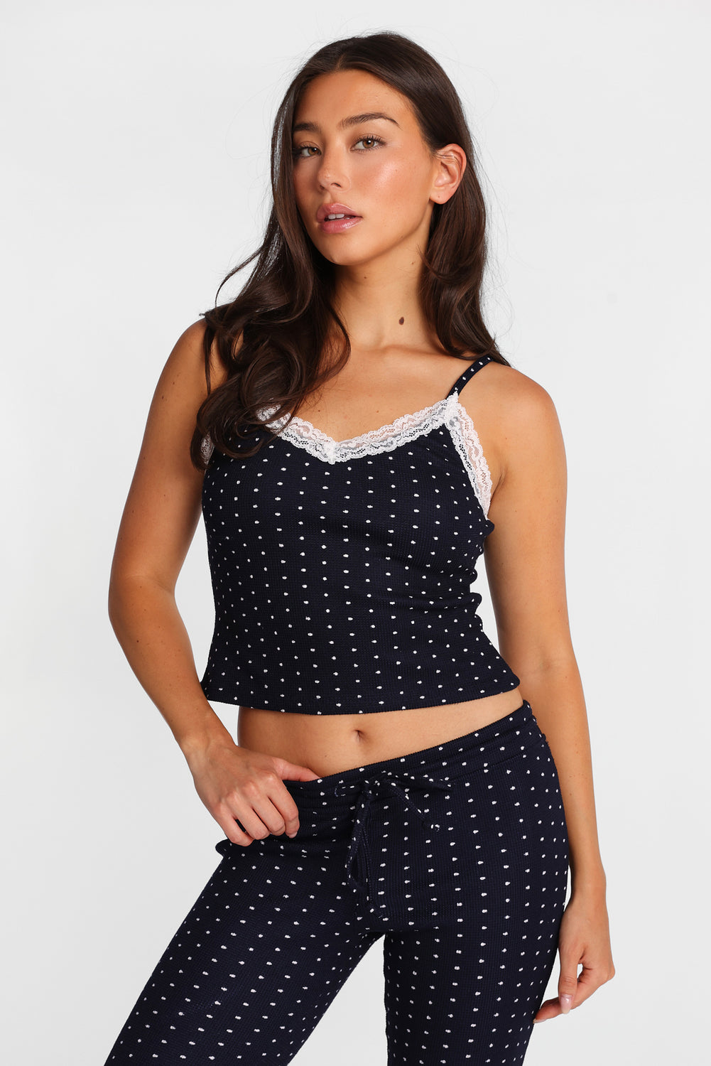 Waffle Knit Lace Trim Pajama Tank Top Waffle Knit Lace Trim Pajama Tank Top