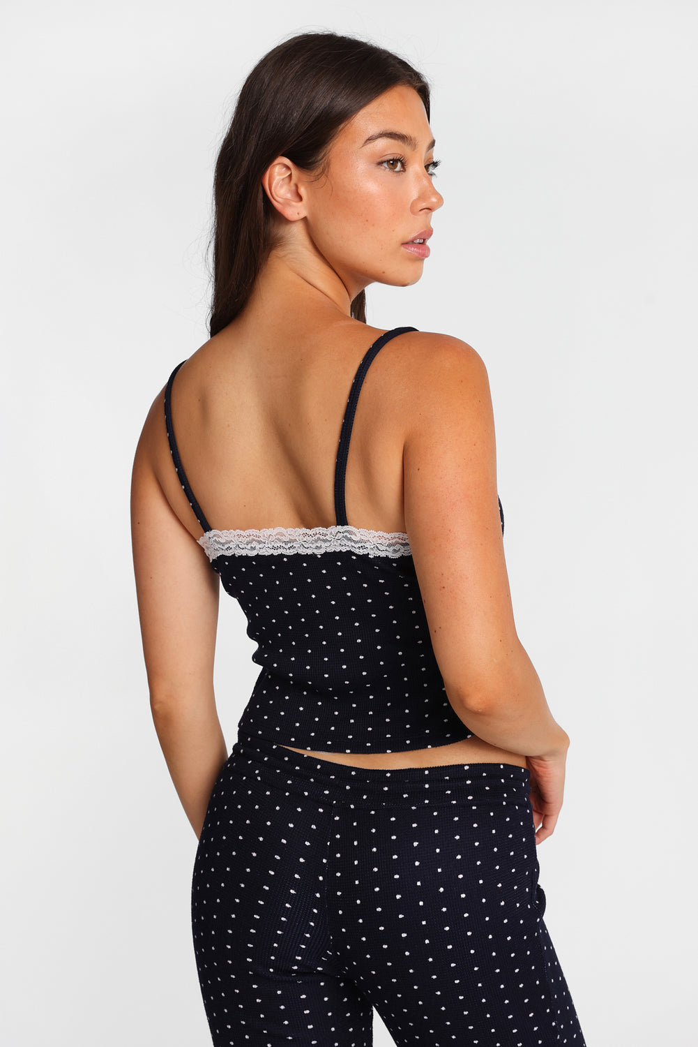 Waffle Knit Lace Trim Pajama Tank Top Waffle Knit Lace Trim Pajama Tank Top