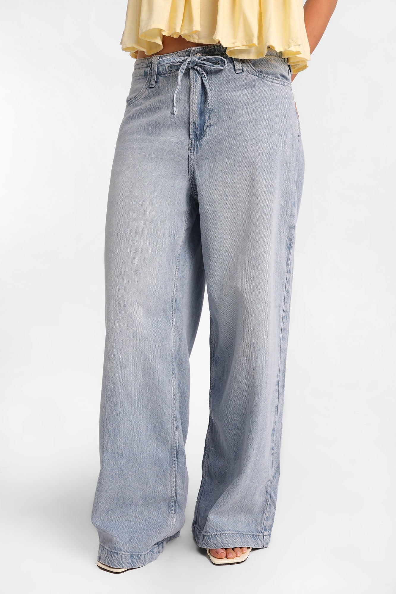Low Rise Ultra Wide Leg Drawstring Jeans - Blue /