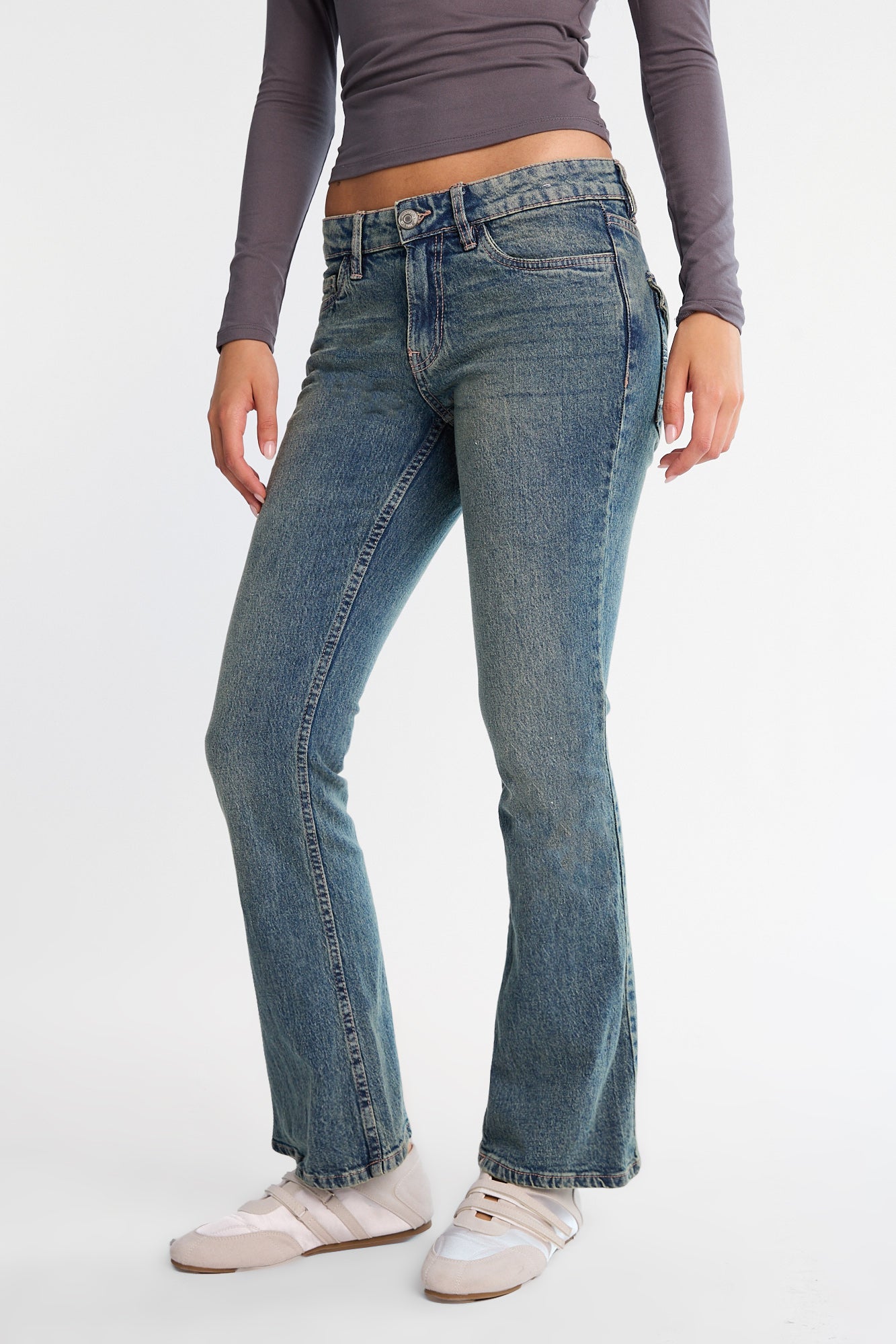 Low Rise Embroidered Pocket Bootcut Jeans - Light Brown /