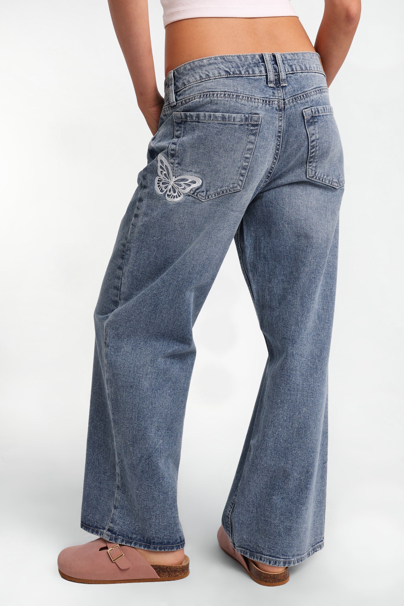 Chloe Butterfly Embroidered Low Rise Baggy Jeans - Medium Blue / Reg