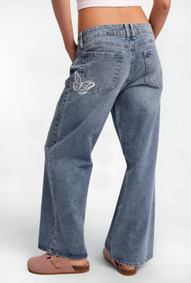 Jean ample taille basse Chloe avec papillons brodés