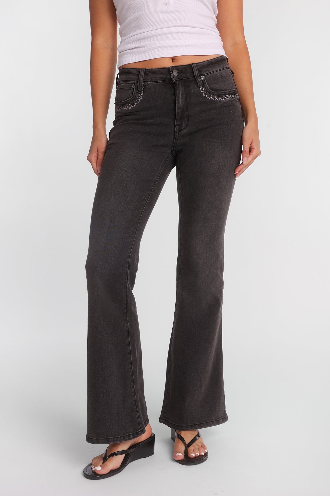 Rhinestones Applique Isla High Rise Flare Jeans - Solid Black / Reg