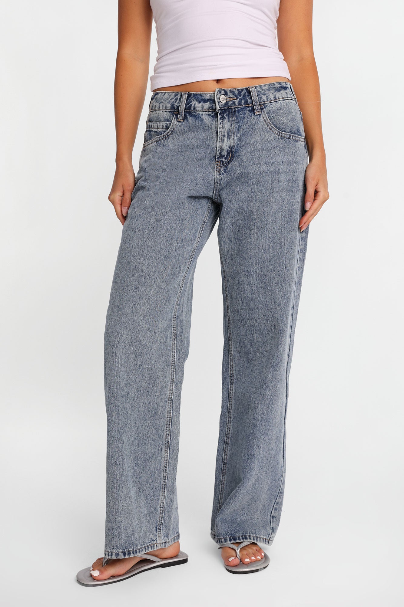 Chloe Adjustable Waist Low Rise Baggy Jeans - Medium Blue / Reg