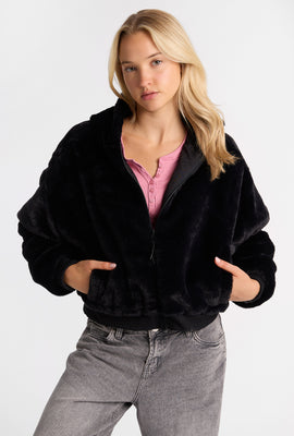 Faux-Fur Zip-Up Hooded Jacket