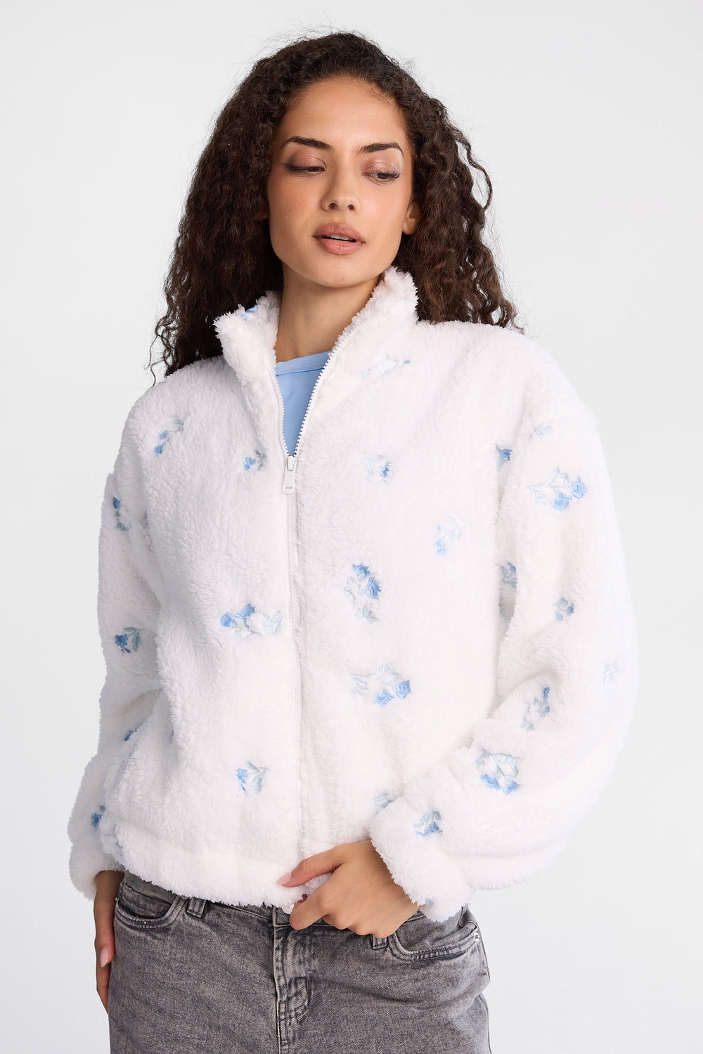 Embroidered Sherpa Zip-Up Jacket Embroidered Sherpa Zip-Up Jacket