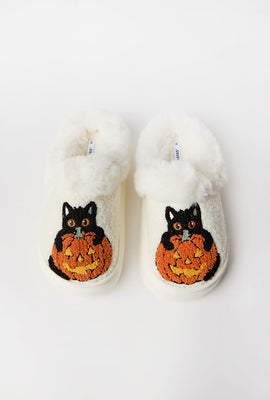 Pantoufles en peluche chat noir et citrouille
