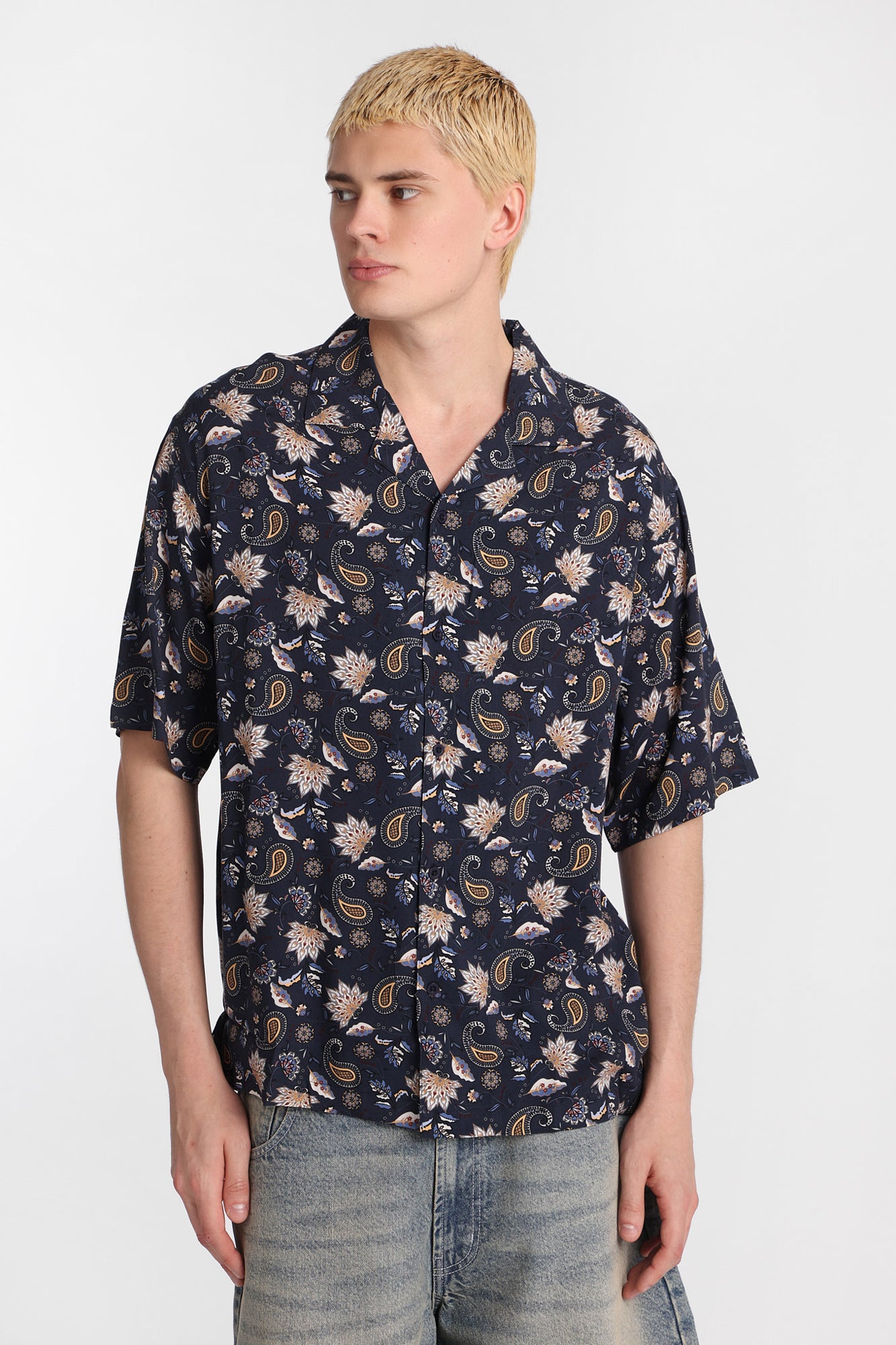 Paisley Print Short Sleeve Button-Up Shirt - Navy /