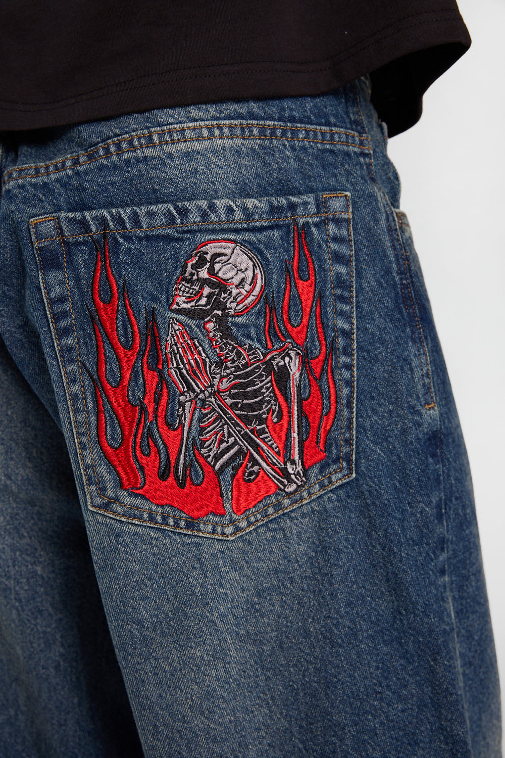 Skeleton & Flames Embroidered Skater Jeans Skeleton & Flames Embroidered Skater Jeans