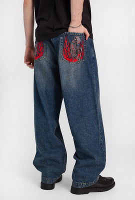 Skeleton & Flames Embroidered Skater Jeans