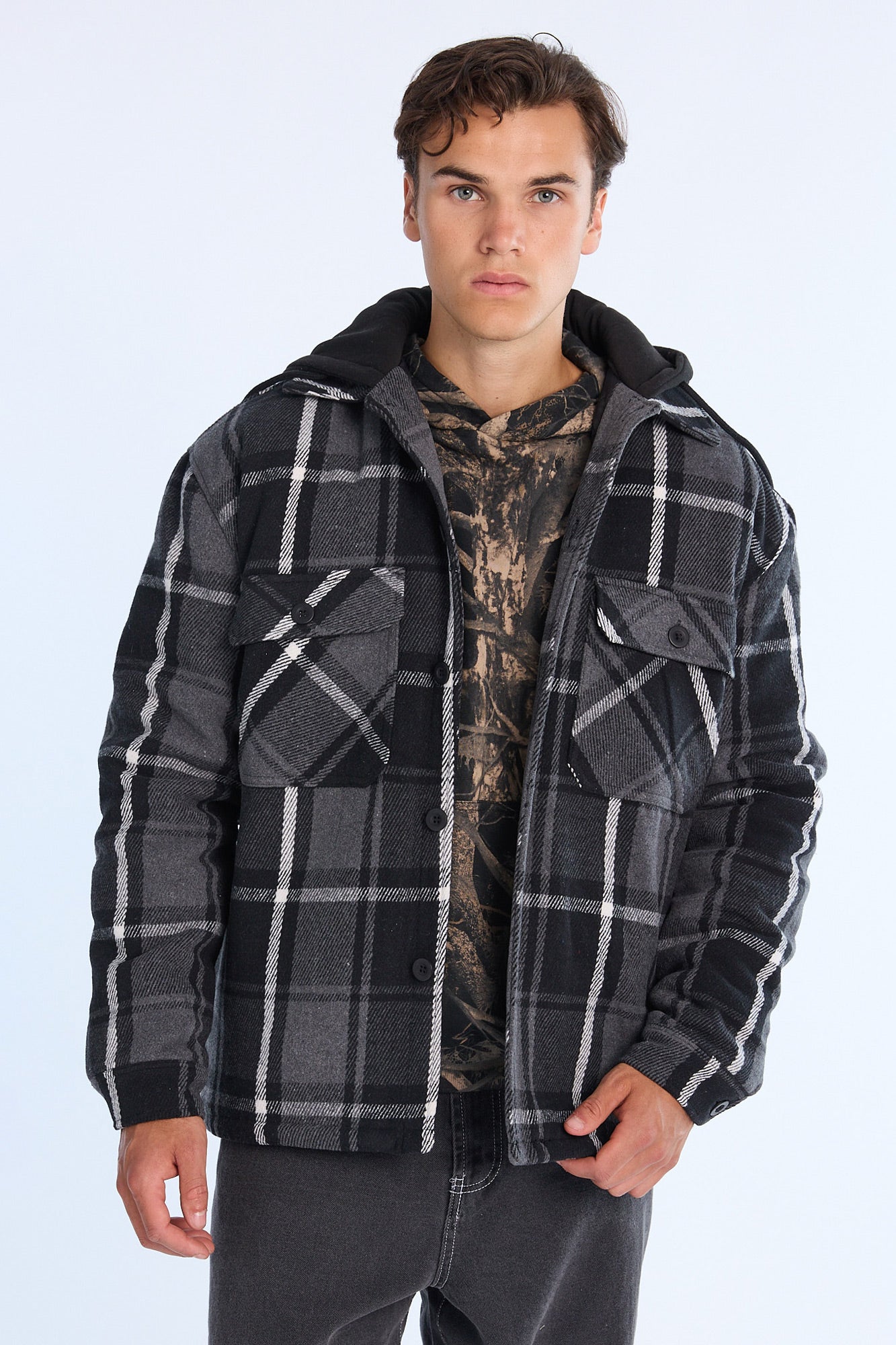 Mens Lined Hooded Flannel Shacket - /