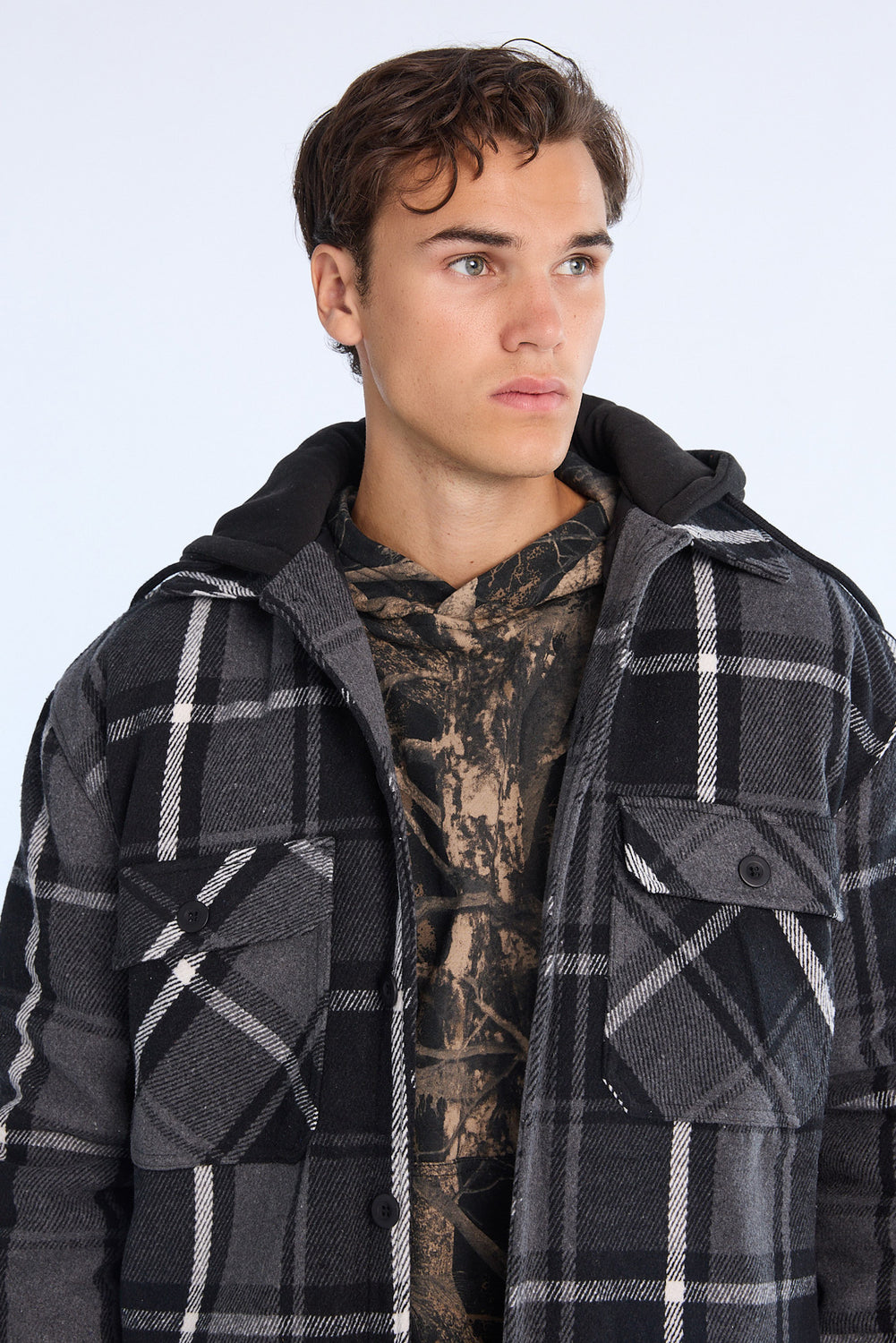 Mens Lined Hooded Flannel Shacket Mens Lined Hooded Flannel Shacket