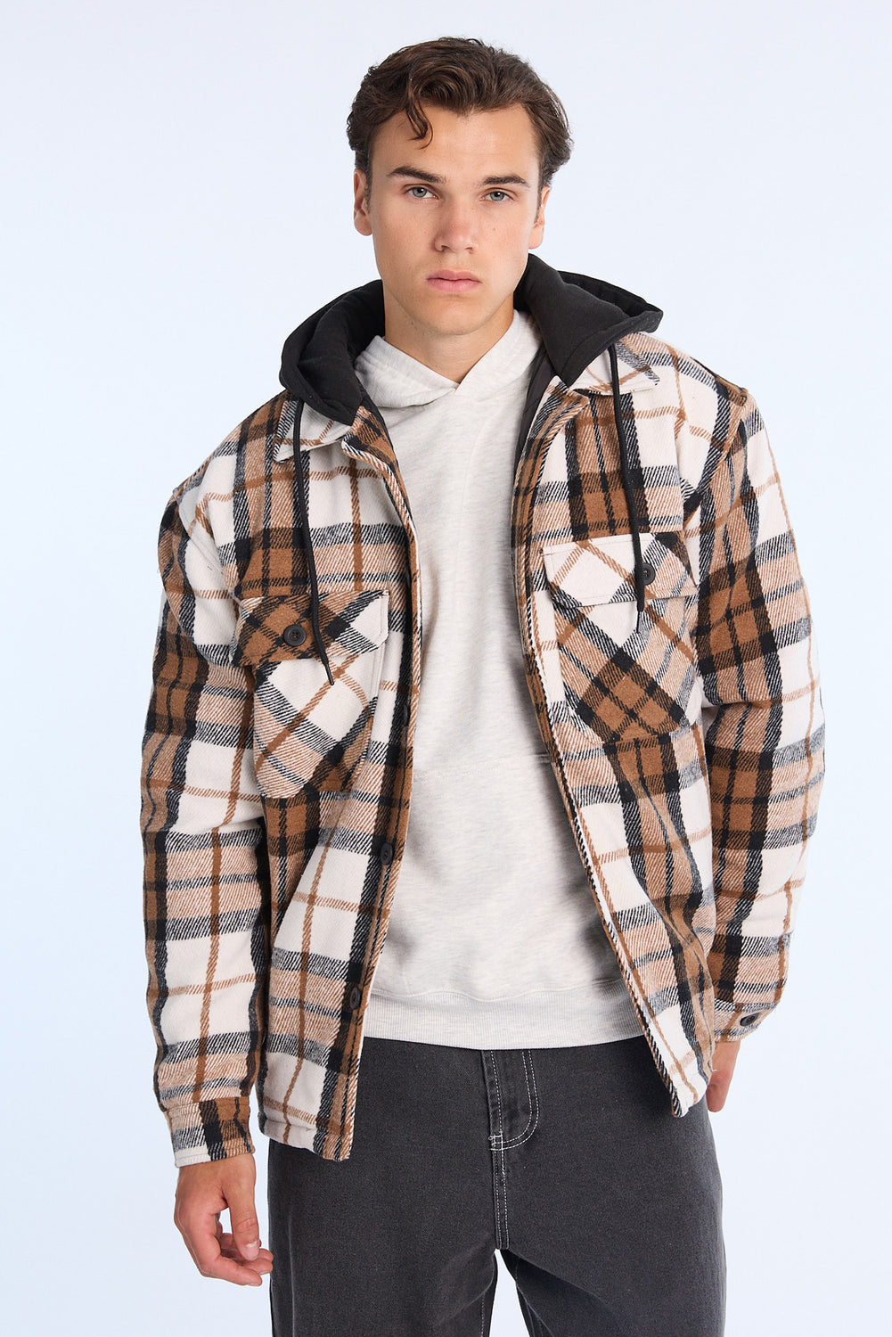 Mens Lined Hooded Flannel Shacket Mens Lined Hooded Flannel Shacket