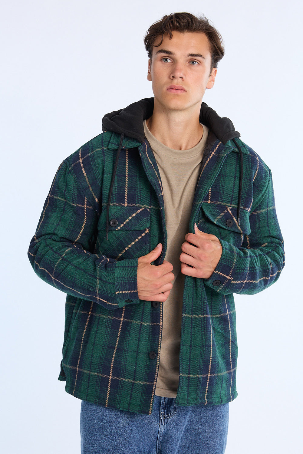 Mens Lined Hooded Flannel Shacket Mens Lined Hooded Flannel Shacket