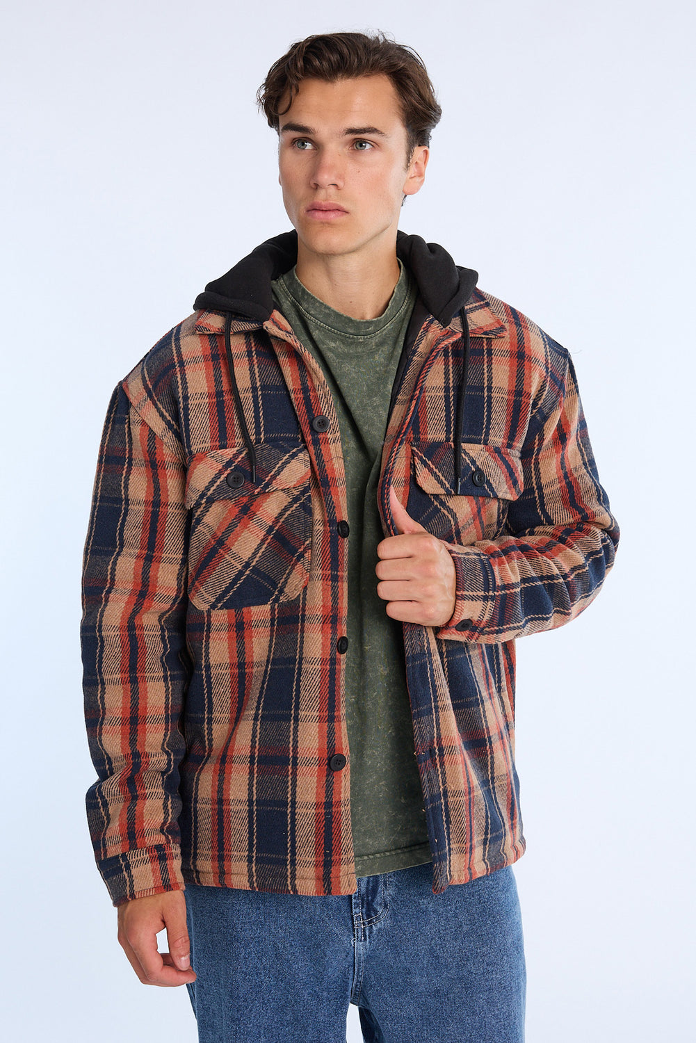Mens Lined Hooded Flannel Shacket Mens Lined Hooded Flannel Shacket