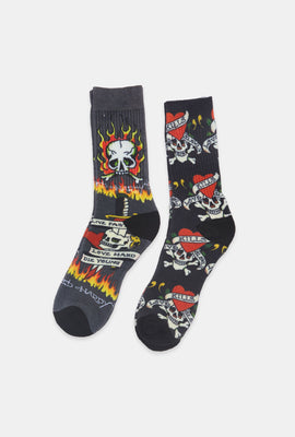 Ed Hardy Mens 2-Pack Skull Crew Socks