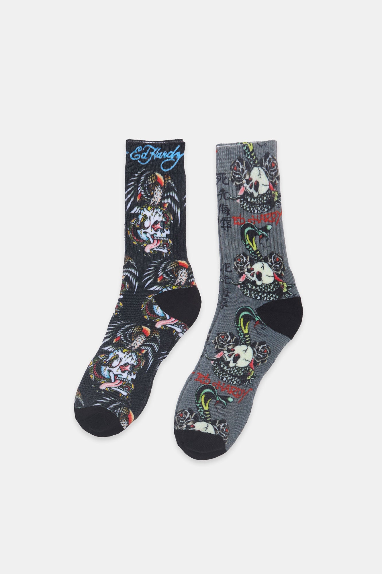 Ed Hardy Mens 2-Pack Snake & Eagle Crew Socks - Black / O/S