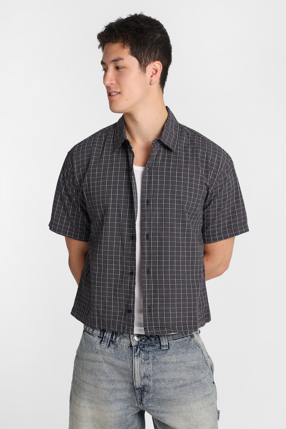 Cropped Plaid Short Sleeve Button-Up Shirt Cropped Plaid Short Sleeve Button-Up Shirt