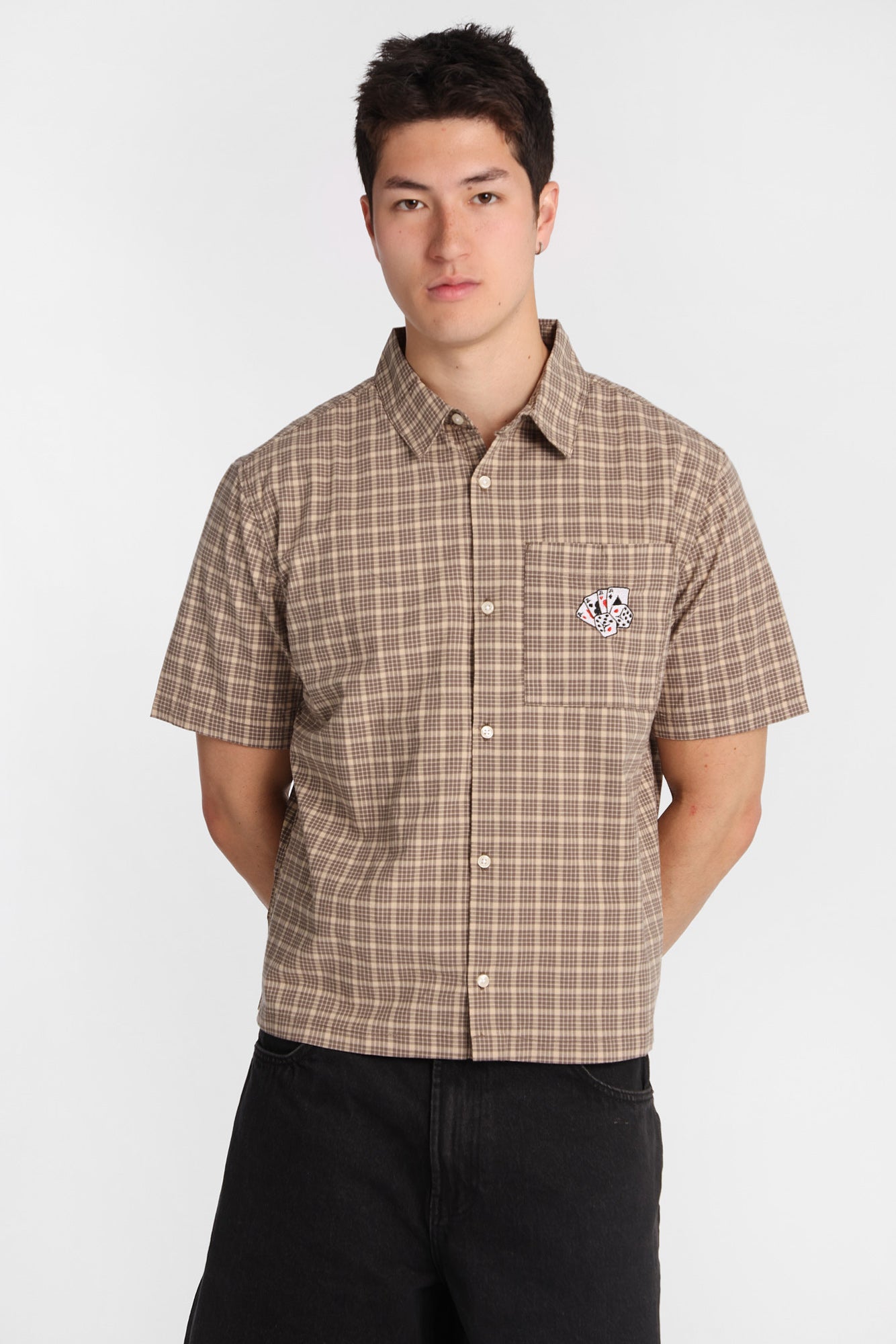 Card Embroidered Plaid Button-Up Shirt - Brown /