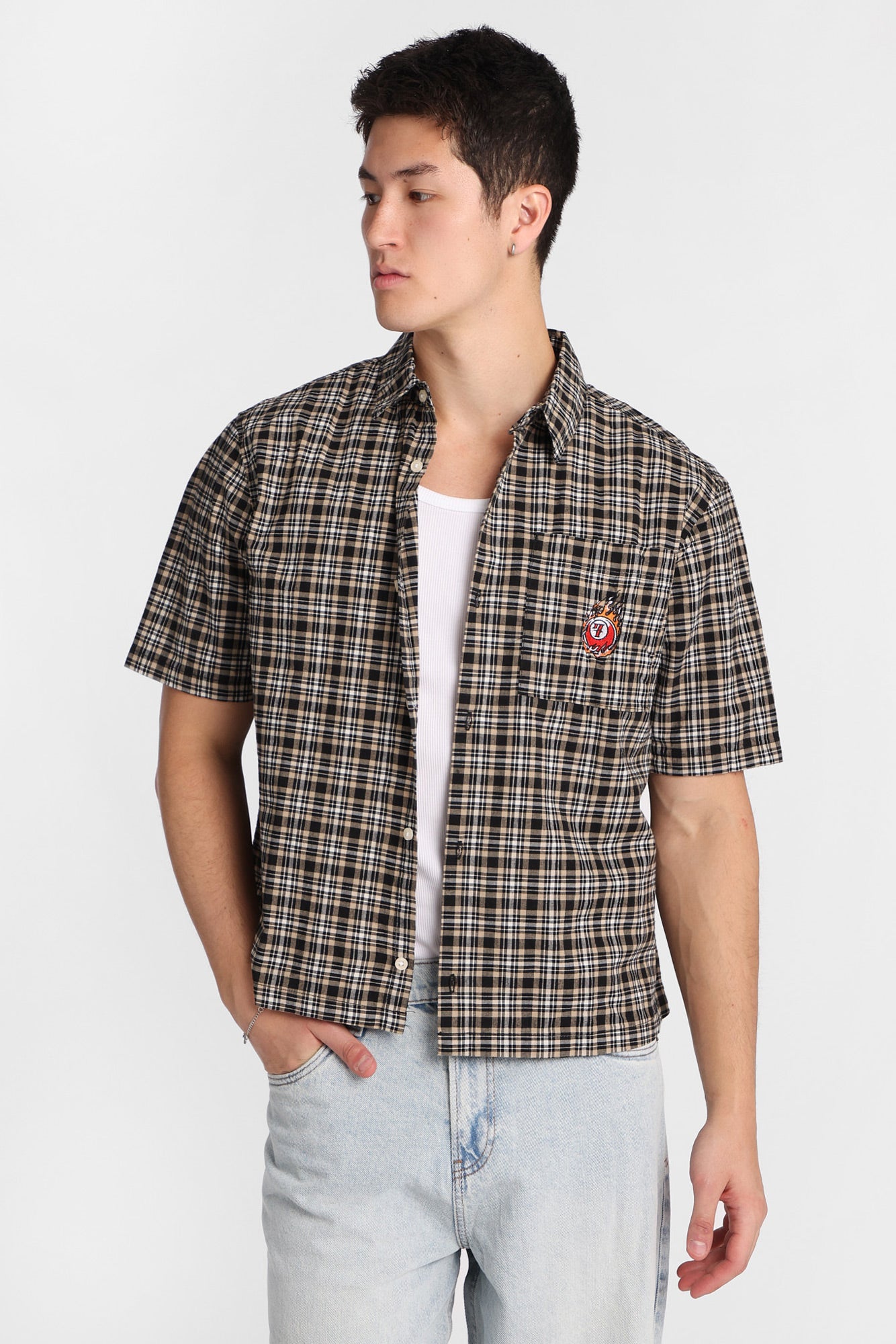 7-Ball Embroidered Plaid Button-Up Shirt - Black /