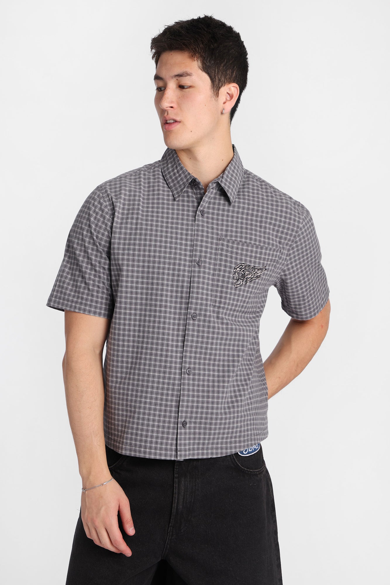 Skull Embroidered Plaid Button-Up Shirt - Heather Grey /