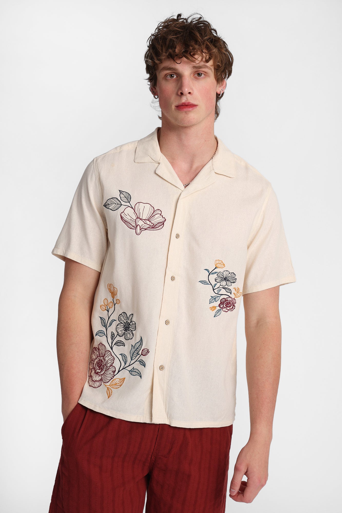 Floral Embroidered Linen-Blend Button-Up Shirt