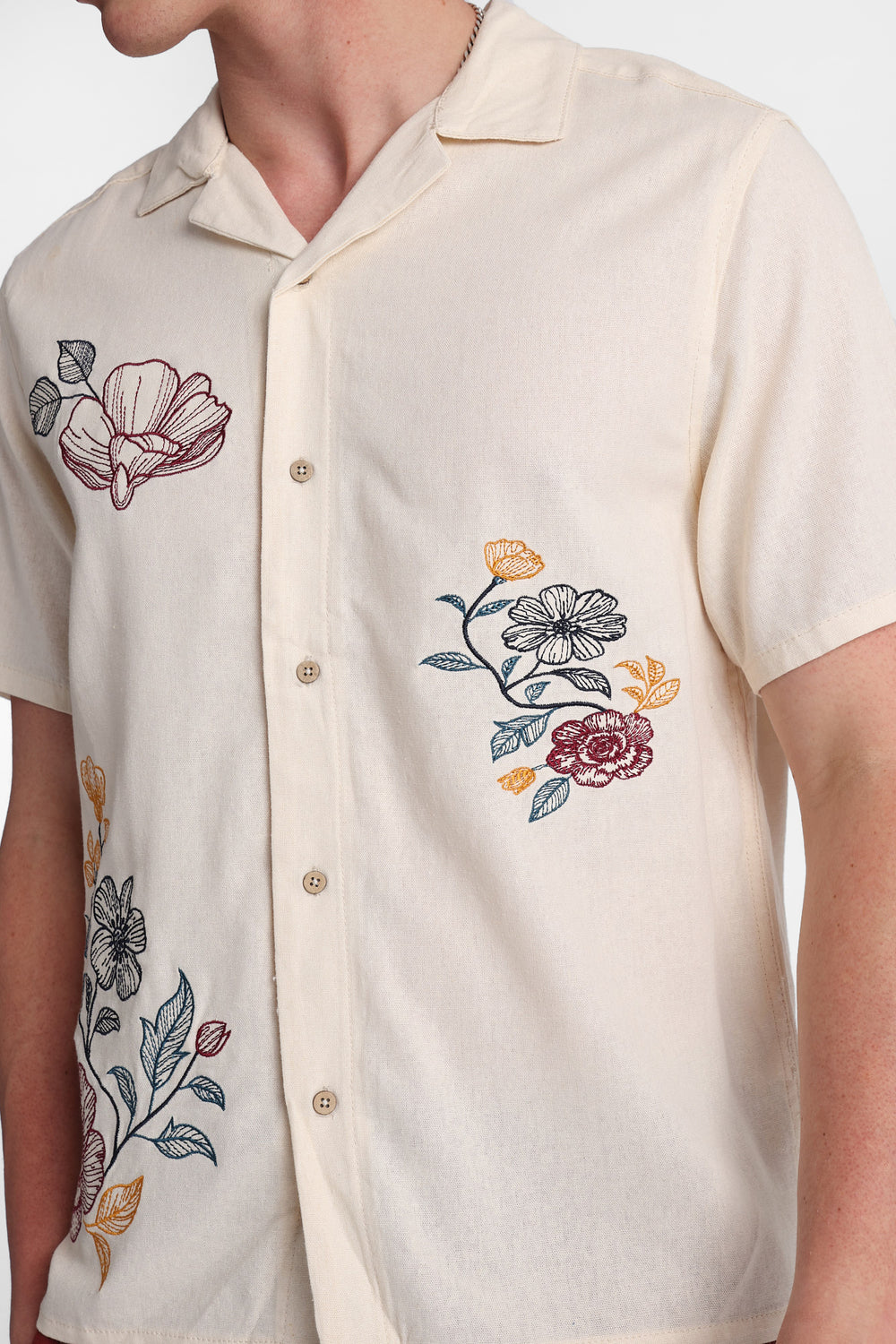Floral Embroidered Linen-Blend Button-Up Shirt Floral Embroidered Linen-Blend Button-Up Shirt