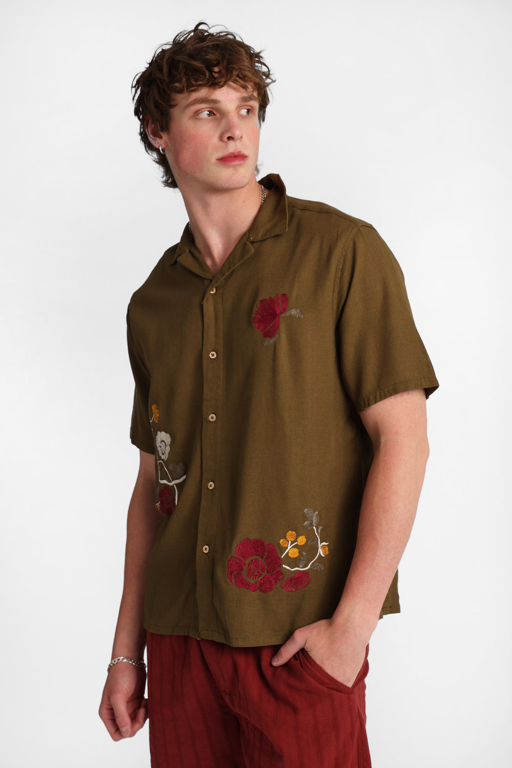 Floral Embroidered Linen-Blend Button-Up Shirt Floral Embroidered Linen-Blend Button-Up Shirt