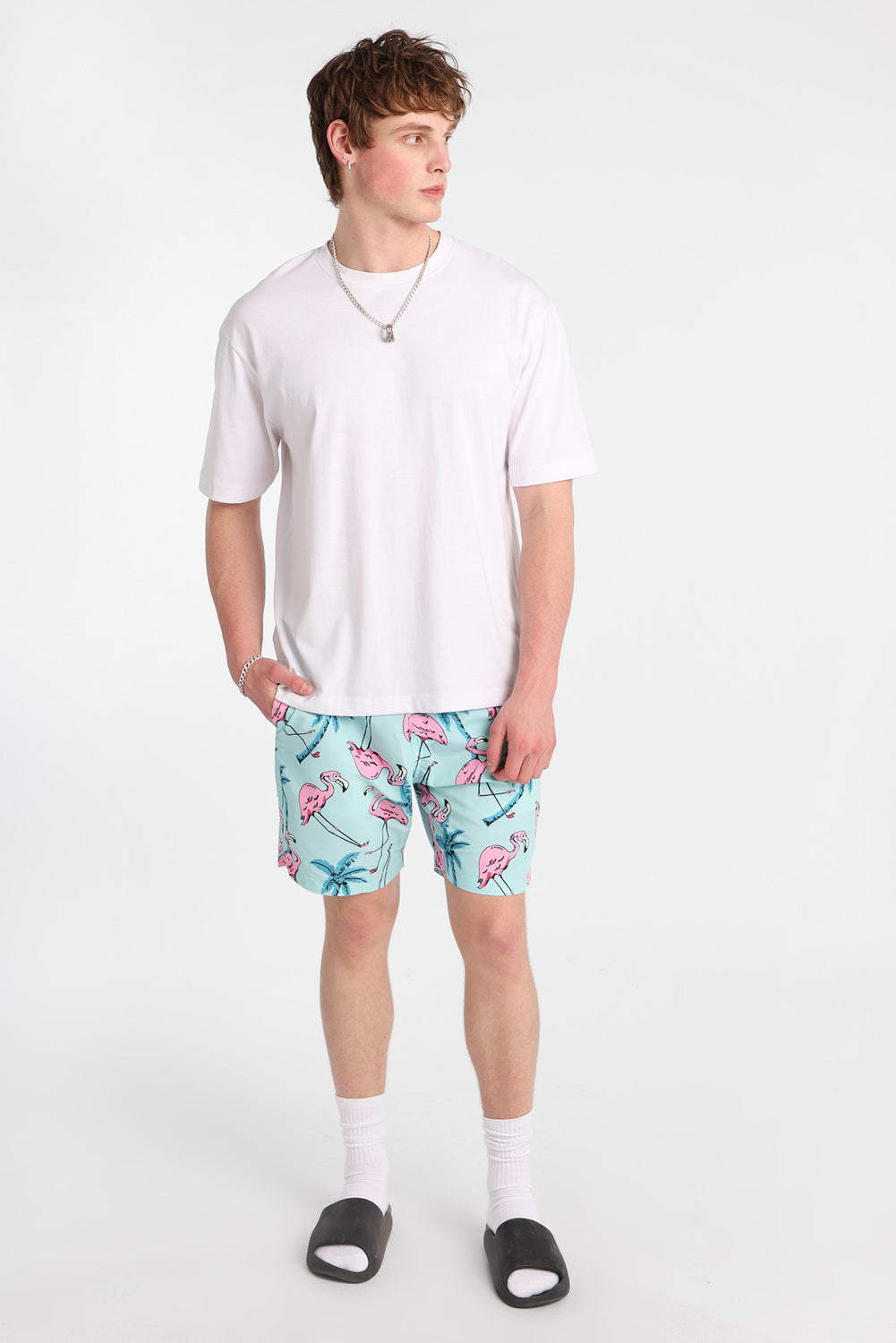 Short de bain flamants roses 7 po Short de bain flamants roses 7 po