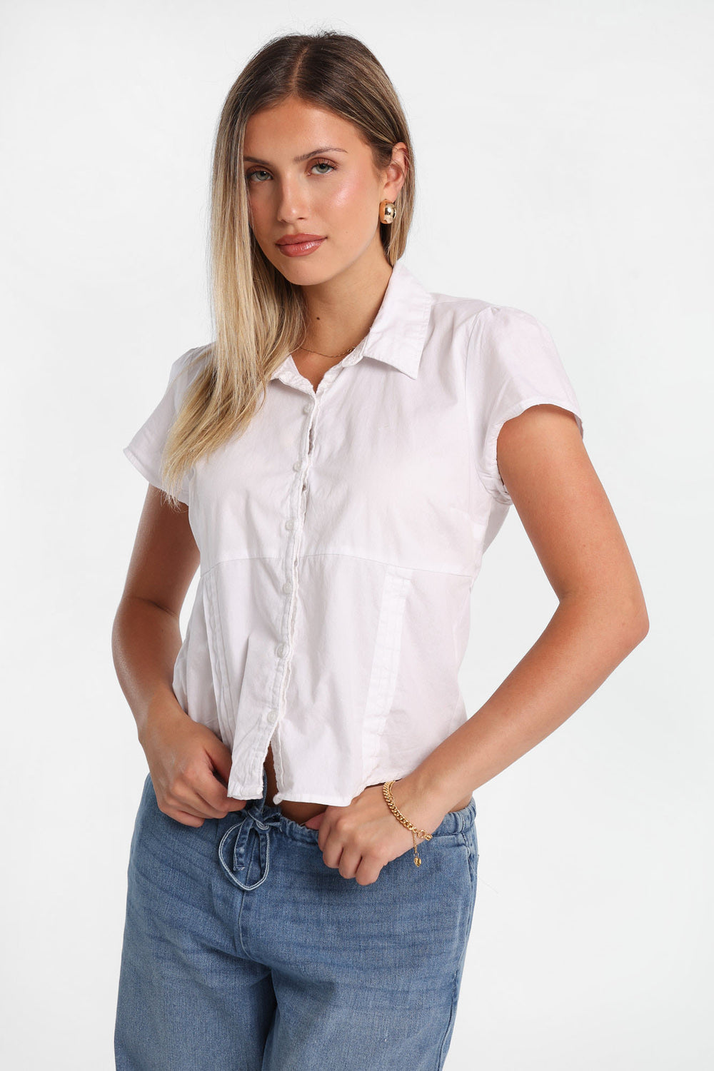 Poplin Cotton Short Sleeve Tie-Back Button-Up Shirt Poplin Cotton Short Sleeve Tie-Back Button-Up Shirt
