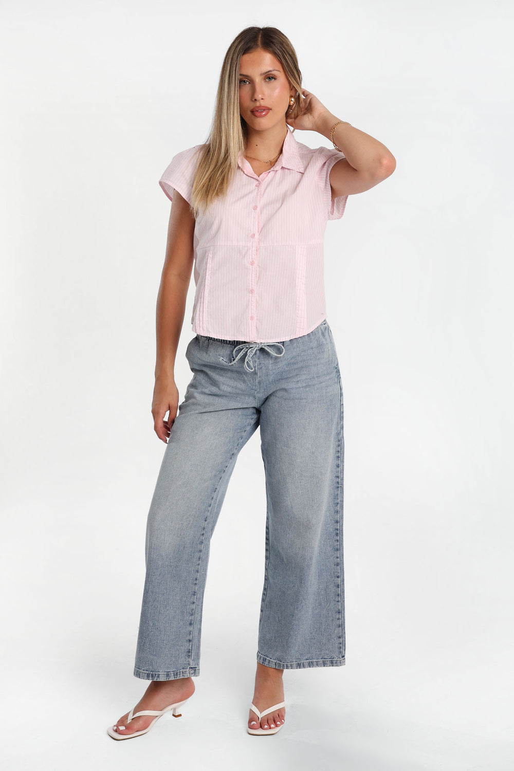 Poplin Cotton Short Sleeve Tie-Back Button-Up Shirt Poplin Cotton Short Sleeve Tie-Back Button-Up Shirt